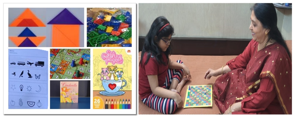 picture of some toys and a picture of a woman and a girl playing a board game