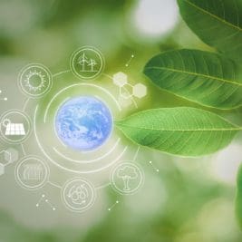 Blue globe with icons energy sources for renewable, sustainable development. Environmental technology, ecological concept. Elements of this image furnished by NASA.