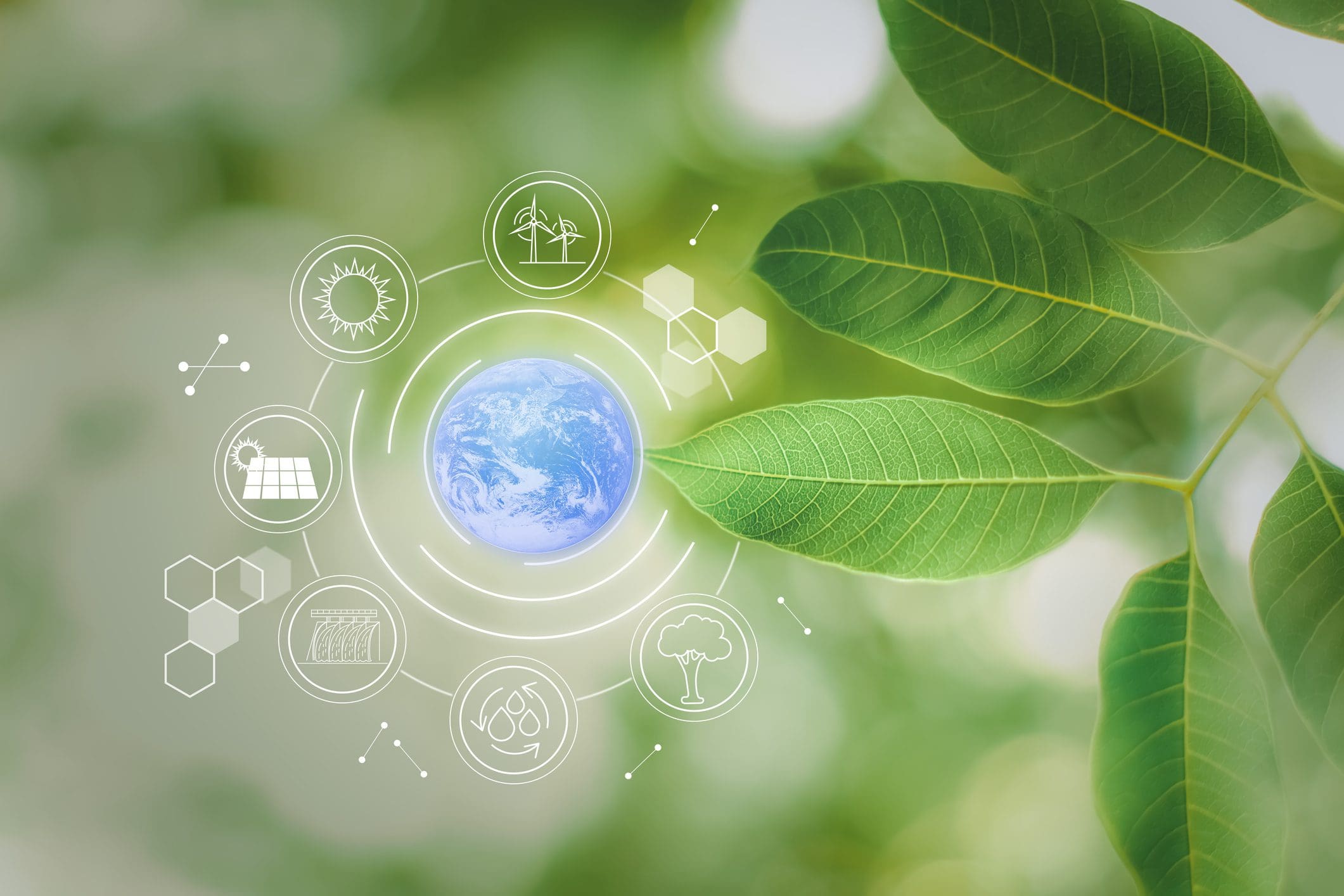 Blue globe with icons energy sources for renewable, sustainable development. Environmental technology, ecological concept. Elements of this image furnished by NASA.