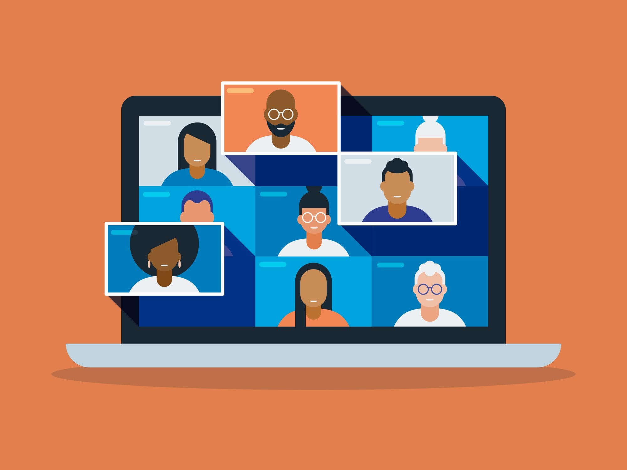 Orange and blue icons of people in a virtual meeting.