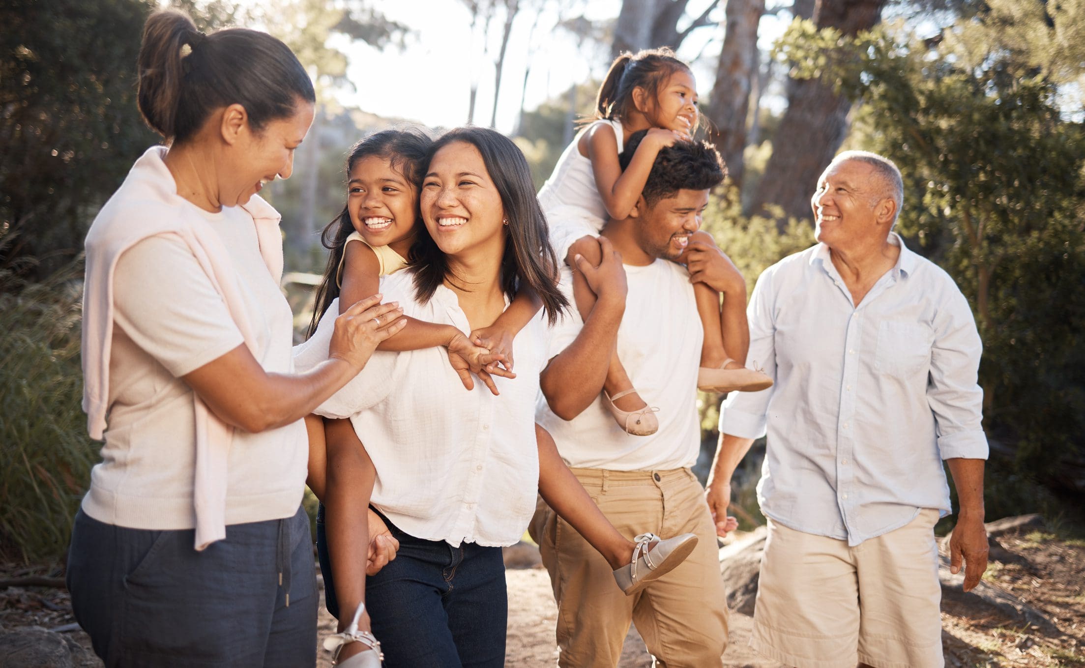 Multigenerational family walking together.