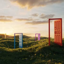 landscape with brightly painted open doorways standing in rolling hills