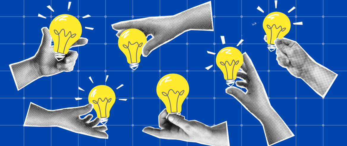 Blue graph background with six hands with lightbulbs