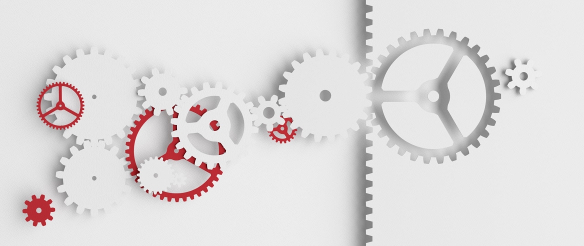 Background of white and red gears cut-out from paper, 3D