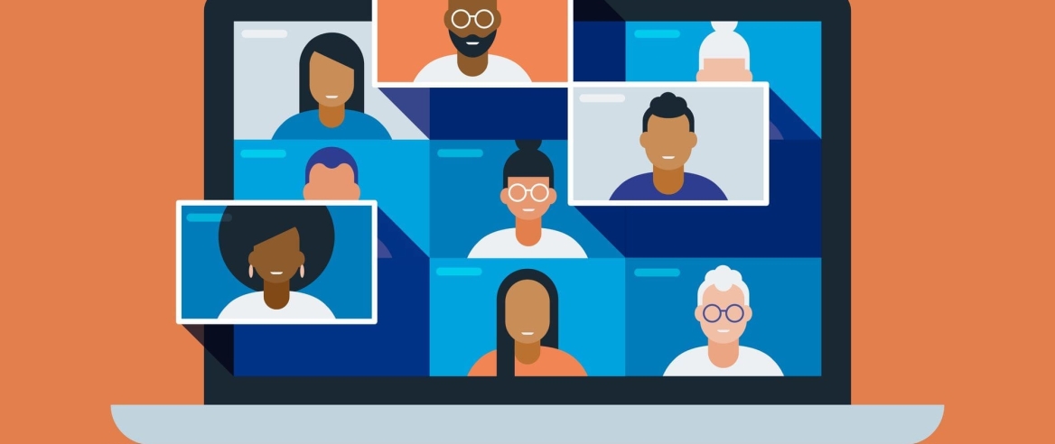 Illustration of a diverse group of friends or colleagues in a video conference on laptop computer screen Modern flat vector illustration appropriate for a variety of uses including articles and blog posts. Vector artwork is easy to colorize, manipulate, and scales to any size.