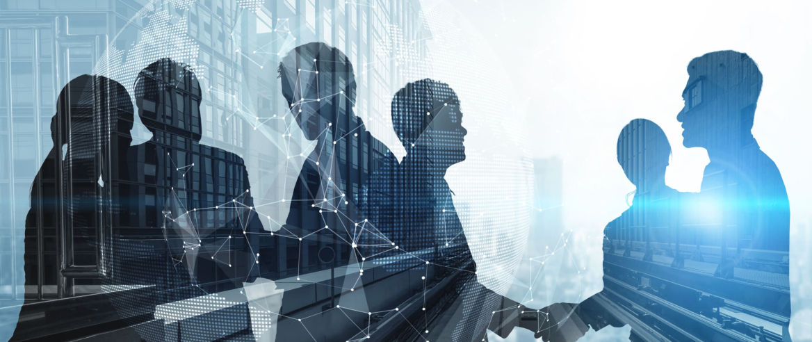 Silhouette view of business people team in group meeting on city office building background showing partnership success of business deal. Concept of teamwork, trust and agreement.