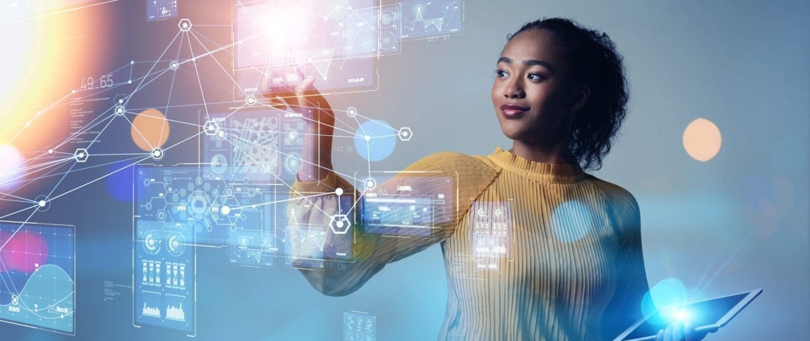 AI in Education & Workforce Woman writing on digital whiteboard with numbers and figures