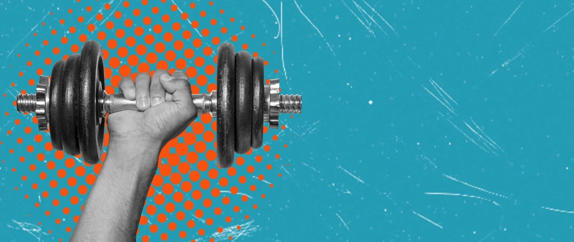 Contemporary art collage depicting a hand with dumbbells. Sports equipment.