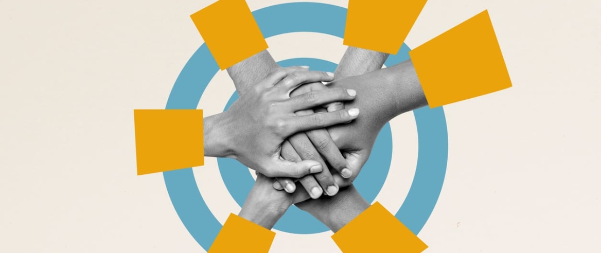 People stacking their hands together on a colored background. Concept of unity. Collage art