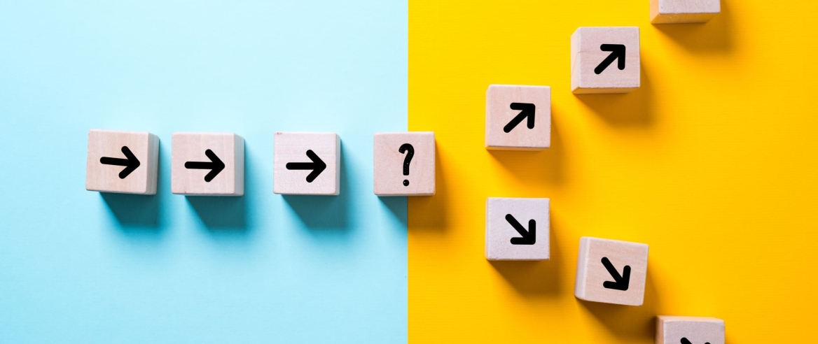path leads to decision which changes the path in two directions arrowed blocks on a path